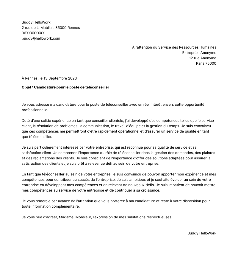Modèle lettre de motivation Téléconseiller Exemple lettre de motivation Téléconseiller