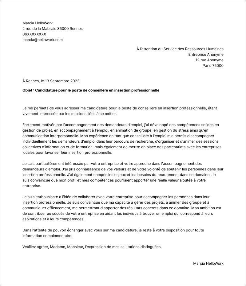 Modèle lettre de motivation Conseiller en insertion professionnelle Exemple lettre de motivation Conseiller en insertion professionnelle