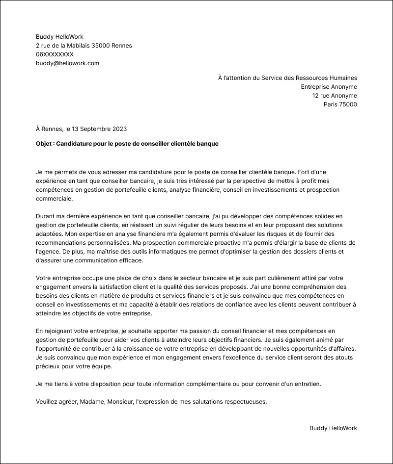 Modèle lettre de motivation Conseiller clientèle banque Exemple lettre de motivation Conseiller clientèle banque