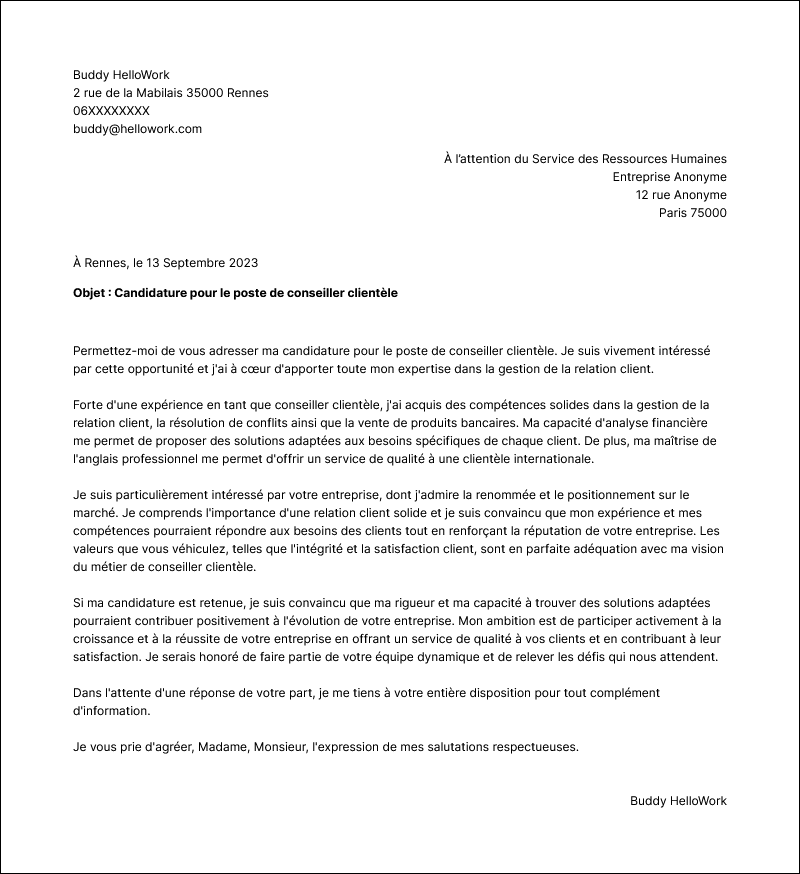 Modèle lettre de motivation Conseiller clientèle Exemple lettre de motivation Conseiller clientèle