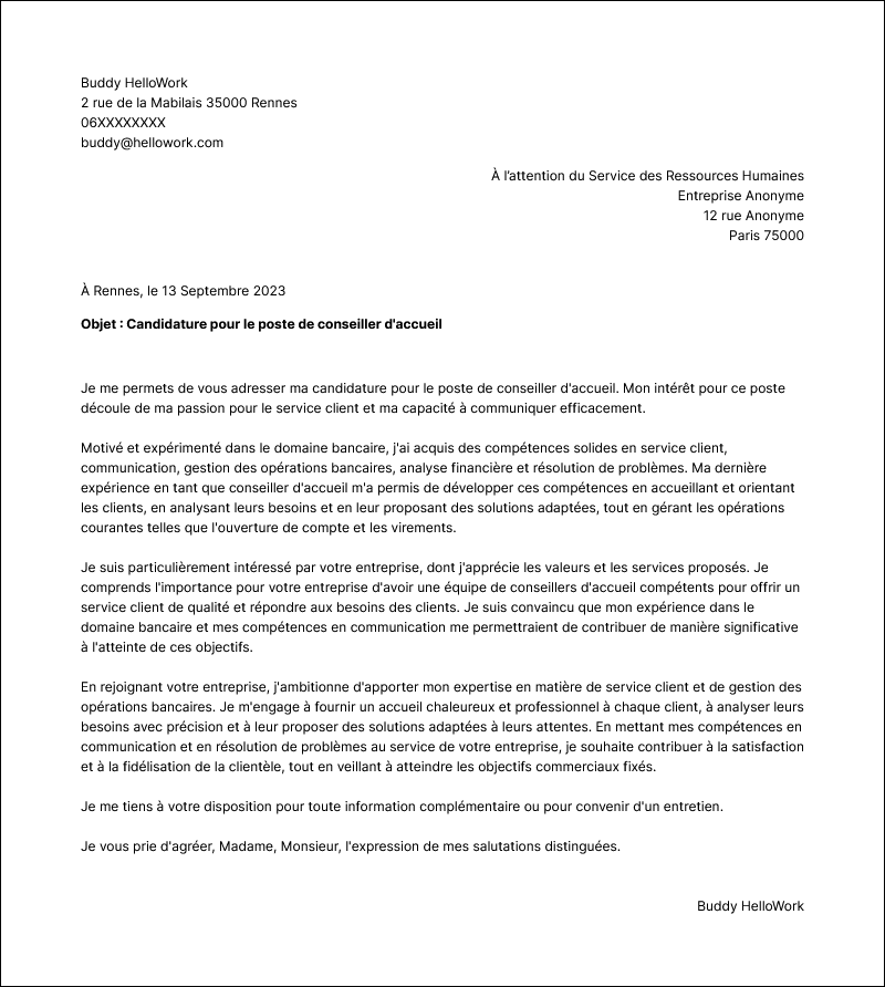 Modèle lettre de motivation Conseiller d'accueil Exemple lettre de motivation Conseiller d'accueil