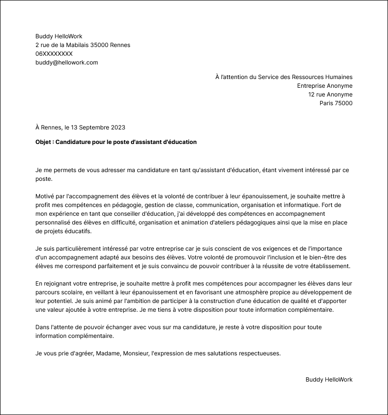 Modèle lettre de motivation Assistant d'éducation Exemple lettre de motivation Assistant d'éducation