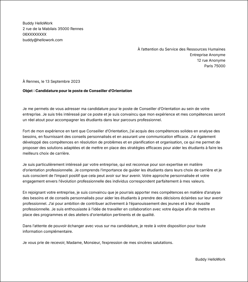 Modèle lettre de motivation Conseiller d'orientation Exemple lettre de motivation Conseiller d'orientation