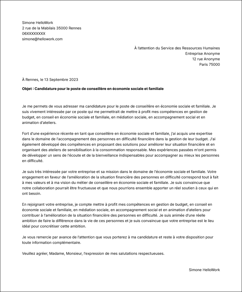 Modèle lettre de motivation Conseillère en économie sociale et familiale Exemple lettre de motivation Conseillère en économie sociale et familiale