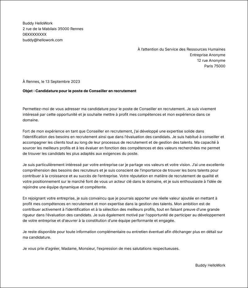 Modèle lettre de motivation Conseiller en recrutement Exemple lettre de motivation Conseiller en recrutement