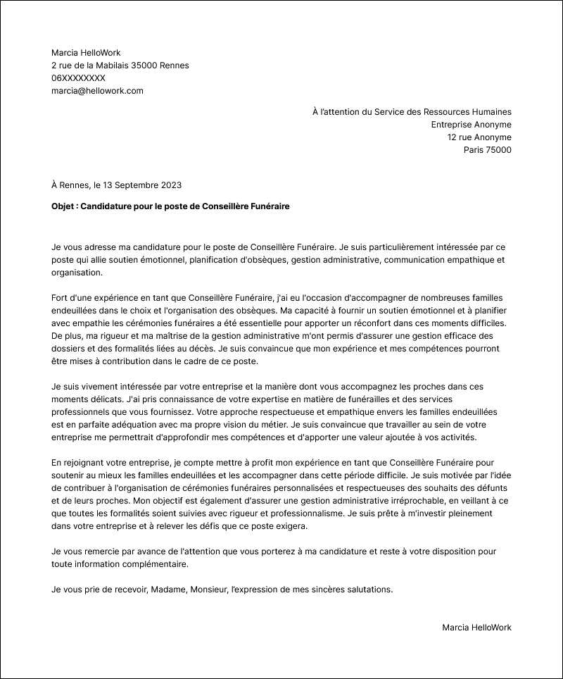 Modèle lettre de motivation Conseiller funéraire Exemple lettre de motivation Conseiller funéraire