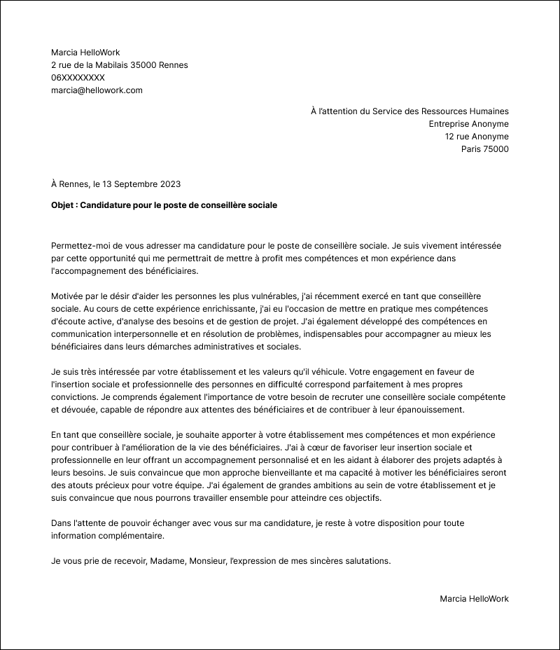 Modèle lettre de motivation Conseiller social Exemple lettre de motivation Conseiller social