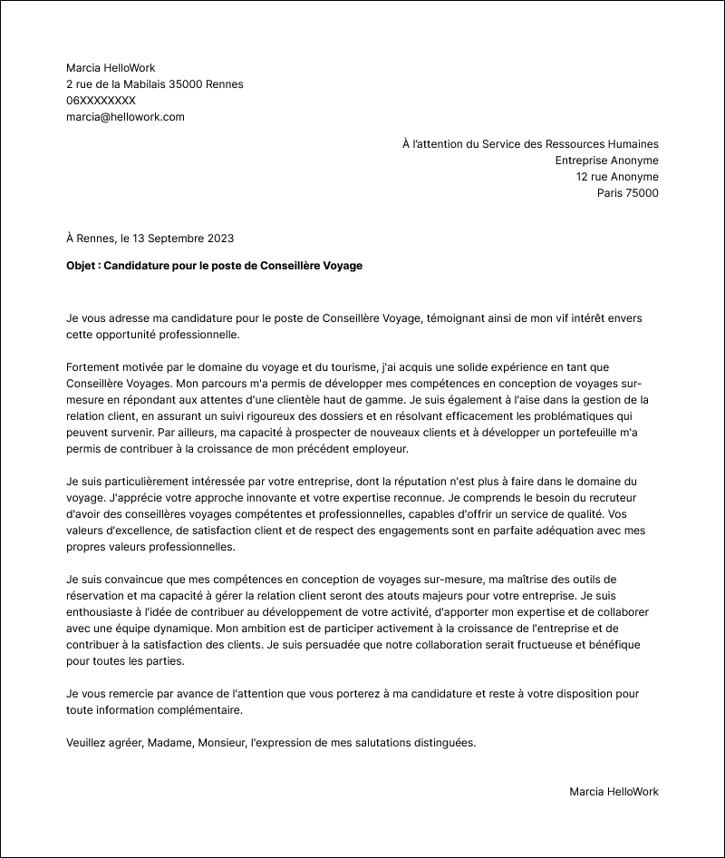 Modèle lettre de motivation Conseiller de voyages Exemple lettre de motivation Conseiller de voyages