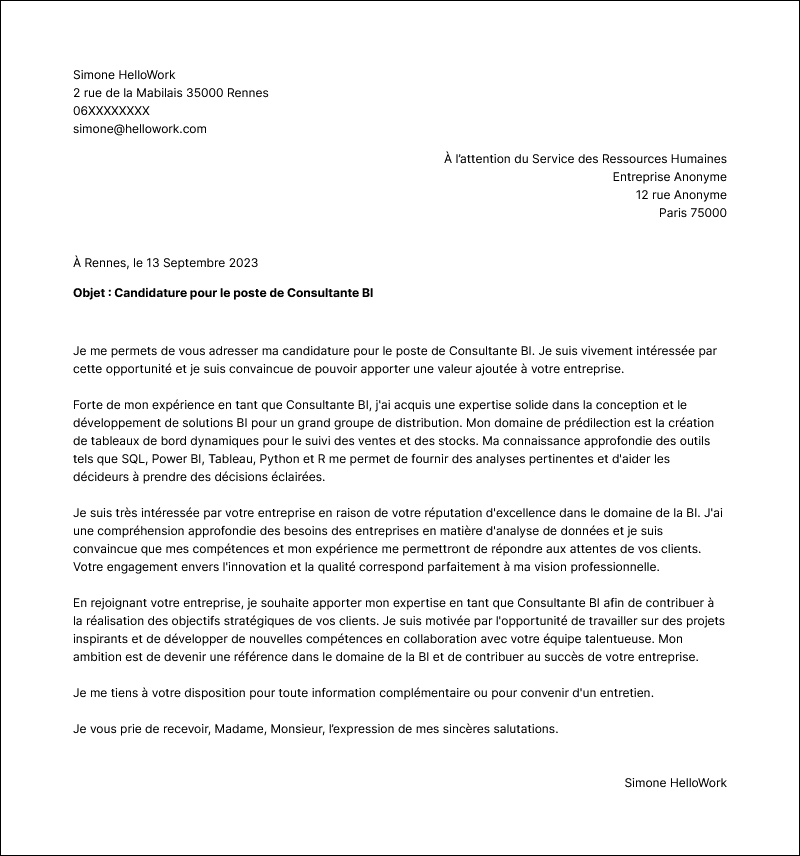 Modèle lettre de motivation Consultant BI Exemple lettre de motivation Consultant BI