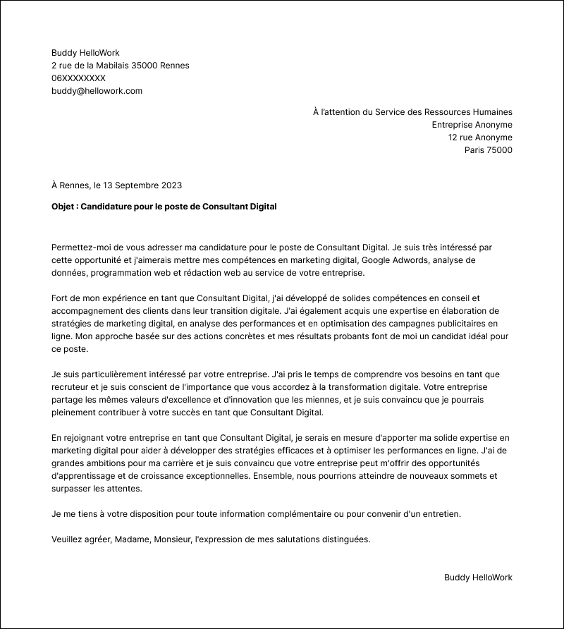 Modèle lettre de motivation Consultant digital Exemple lettre de motivation Consultant digital