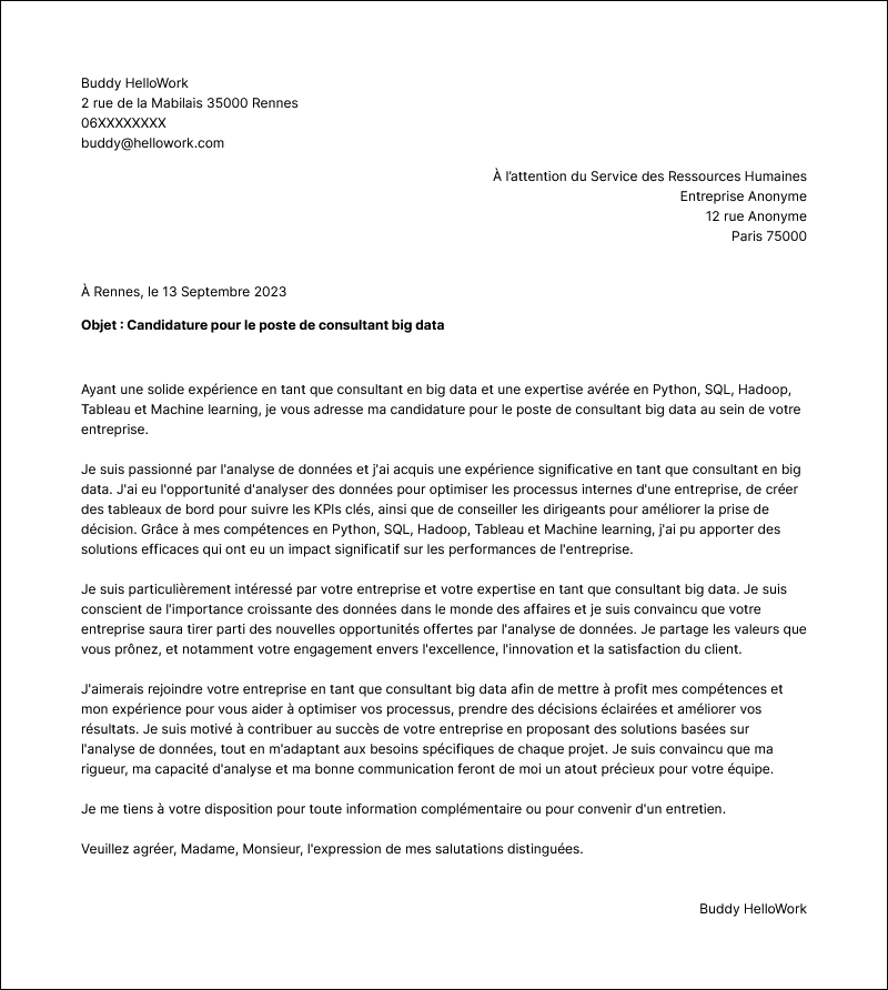 Modèle lettre de motivation Consultant big data Exemple lettre de motivation Consultant big data
