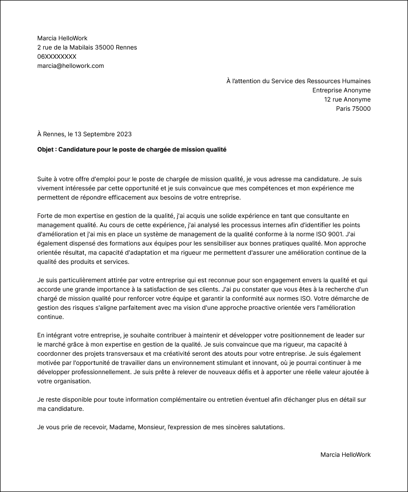 Modèle lettre de motivation Chargé de mission qualité Exemple lettre de motivation Chargé de mission qualité
