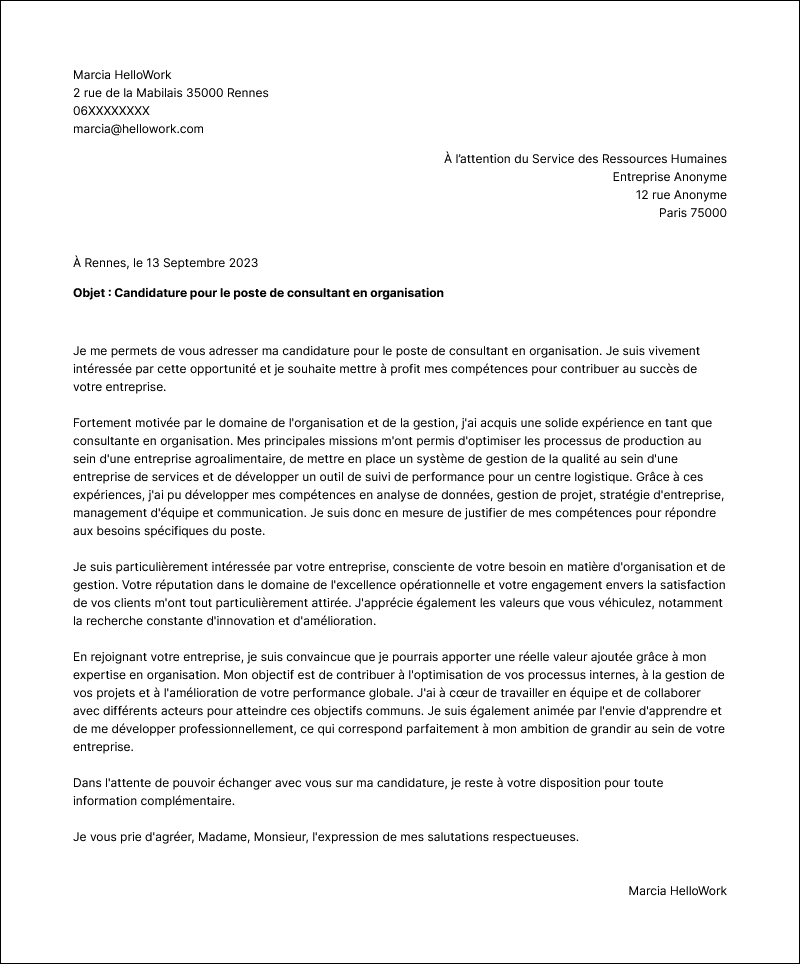 Modèle lettre de motivation Consultant en organisation Exemple lettre de motivation Consultant en organisation
