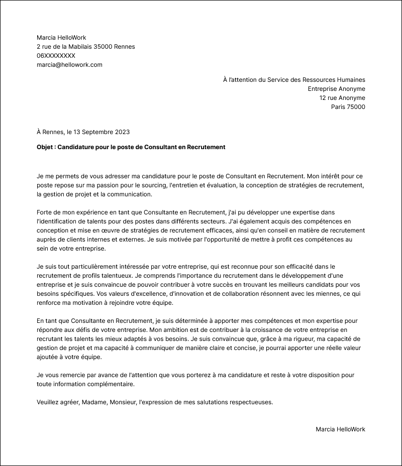 Modèle lettre de motivation Consultant en recrutement Exemple lettre de motivation Consultant en recrutement