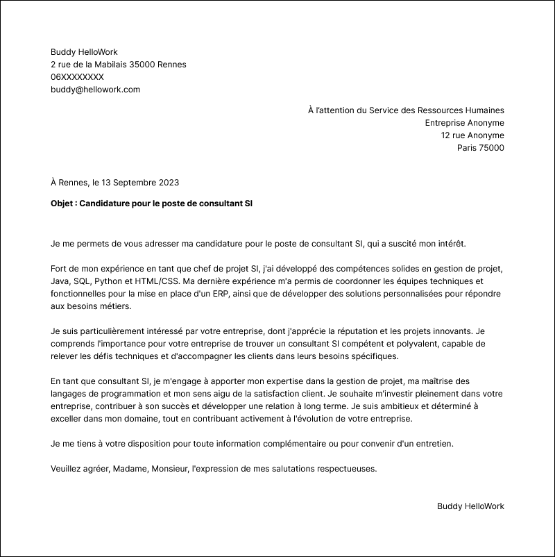Modèle lettre de motivation Consultant en systèmes d'information Exemple lettre de motivation Consultant en systèmes d'information