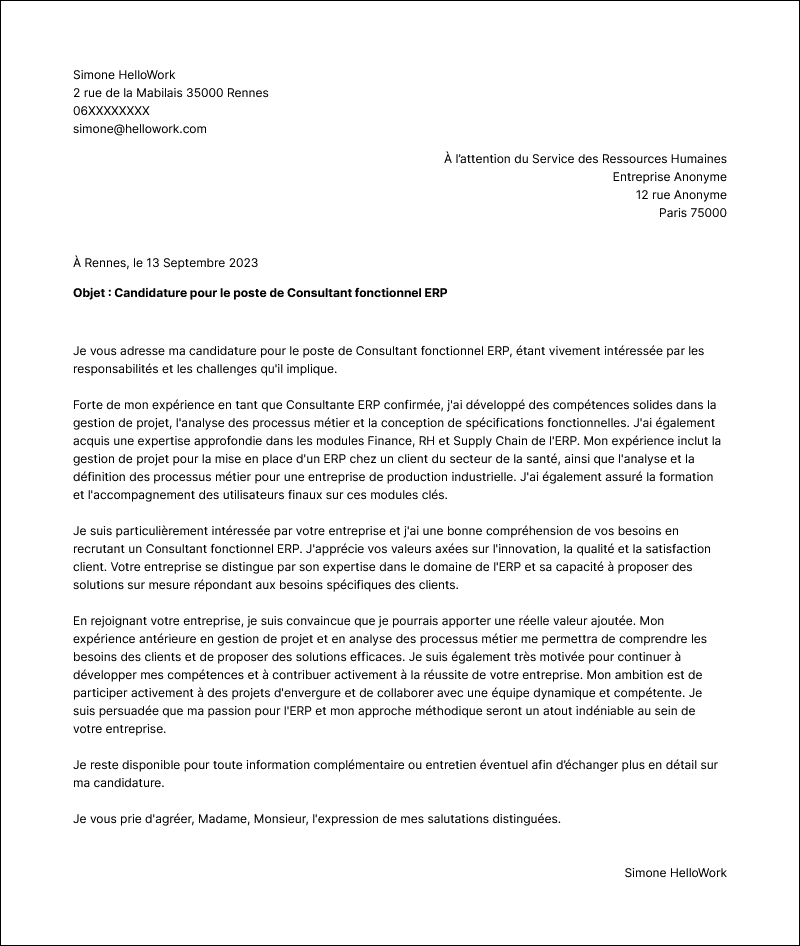 Modèle lettre de motivation Consultant ERP Exemple lettre de motivation Consultant ERP