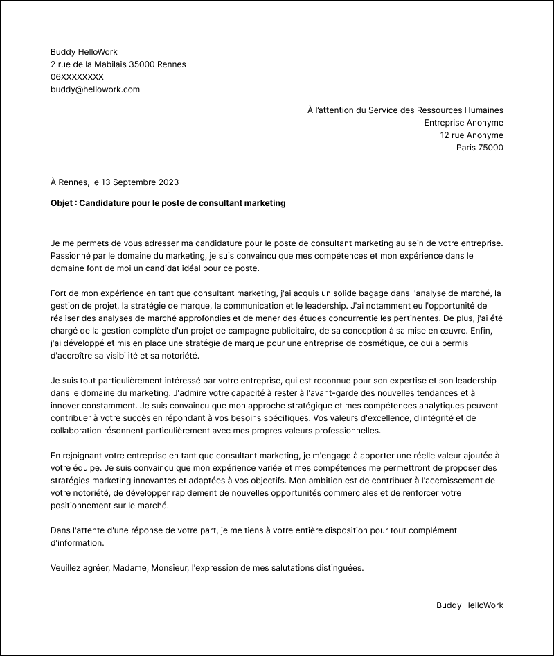 Modèle lettre de motivation Consultant marketing Exemple lettre de motivation Consultant marketing