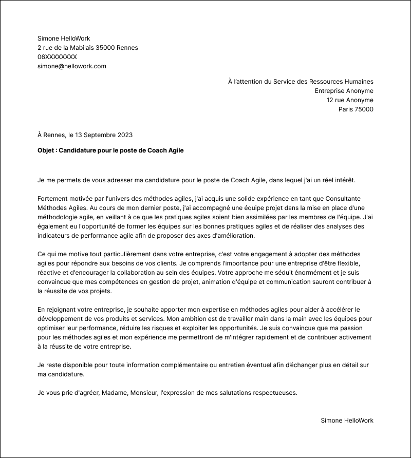 Modèle lettre de motivation Coach agile Exemple lettre de motivation Coach agile