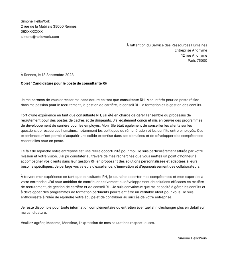 Modèle lettre de motivation Consultant RH Exemple lettre de motivation Consultant RH