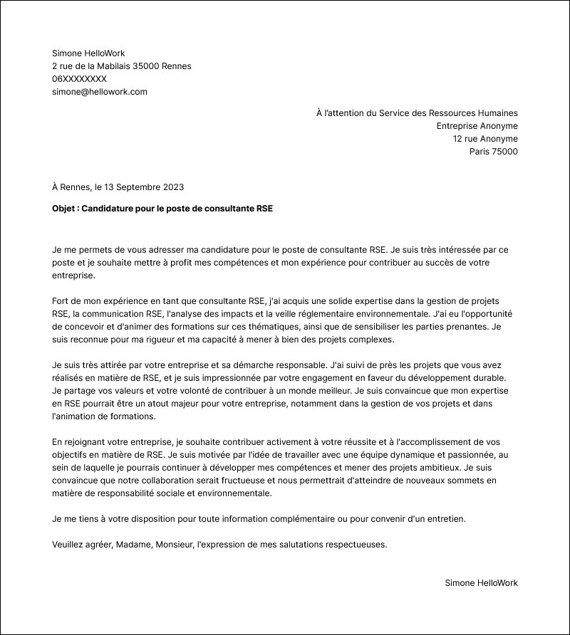Modèle lettre de motivation Consultant RSE Exemple lettre de motivation Consultant RSE