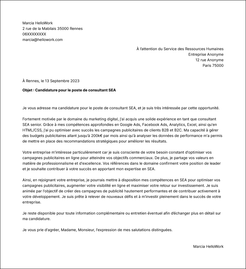 Exemple lettre de motivation Consultant SEA