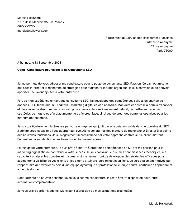 Modèle lettre de motivation Consultant SEO Exemple lettre de motivation Consultant SEO