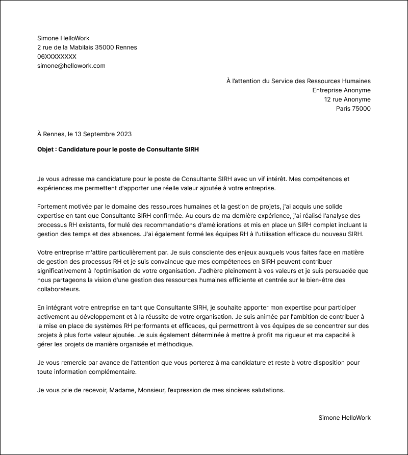 Modèle lettre de motivation Consultant SIRH Exemple lettre de motivation Consultant SIRH