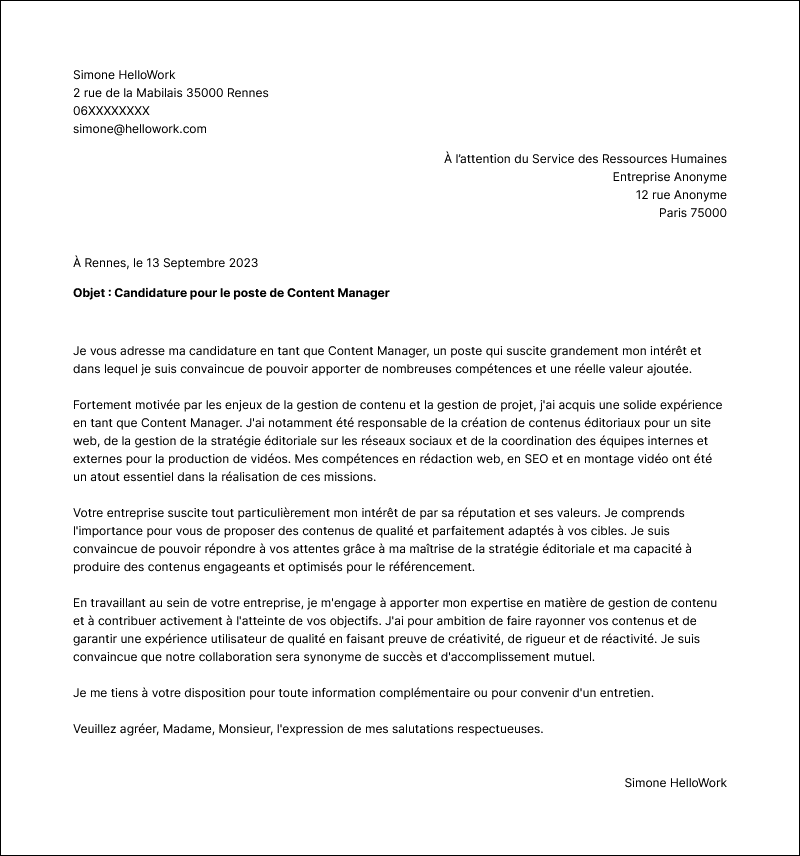 Modèle lettre de motivation Content manager Exemple lettre de motivation Content manager
