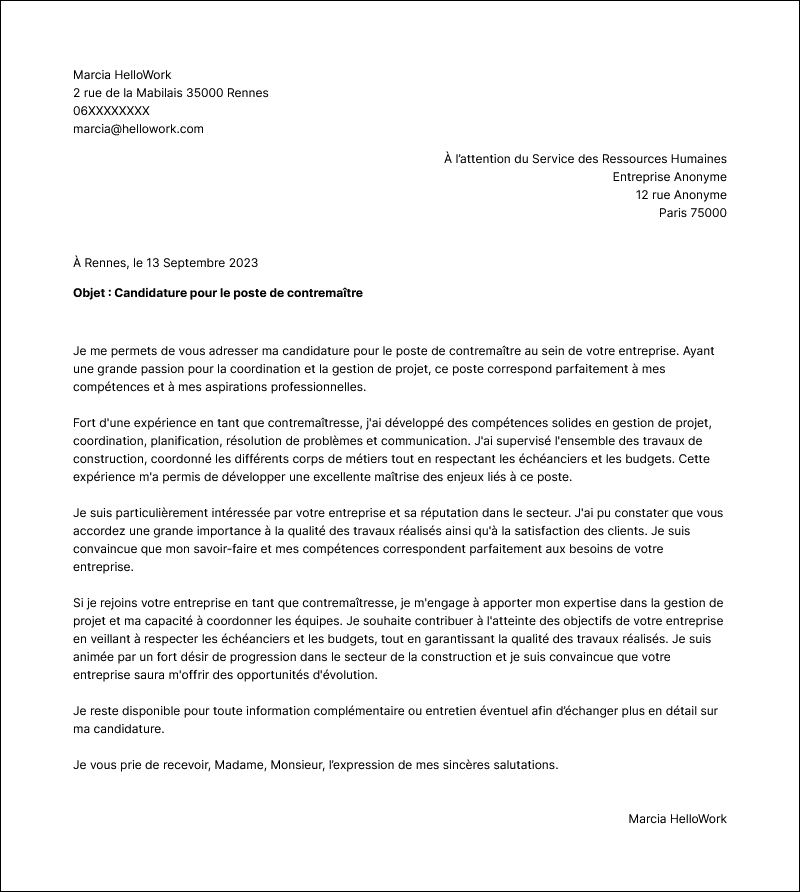 Modèle lettre de motivation Contremaître Exemple lettre de motivation Contremaître
