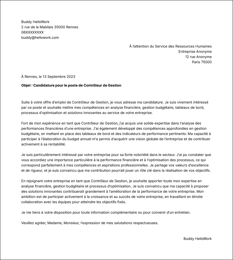 Modèle lettre de motivation Contrôleur de gestion Exemple lettre de motivation Contrôleur de gestion