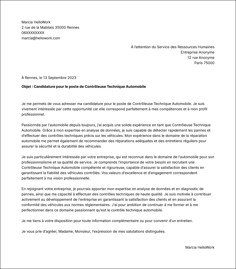 Modèle lettre de motivation Contrôleur technique automobile Exemple lettre de motivation Contrôleur technique automobile