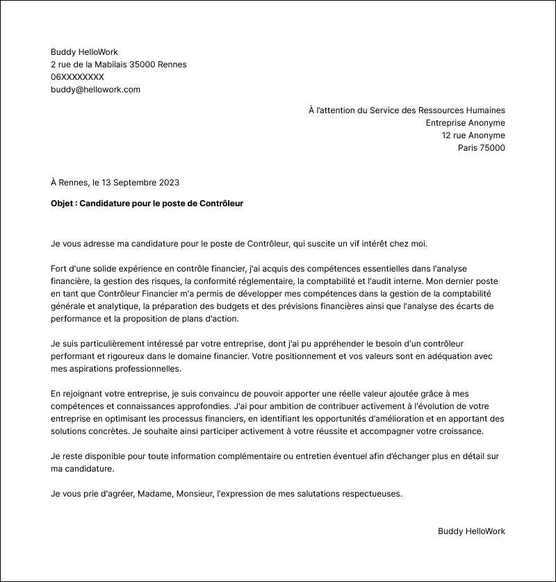 Modèle lettre de motivation Contrôleur Exemple lettre de motivation Contrôleur
