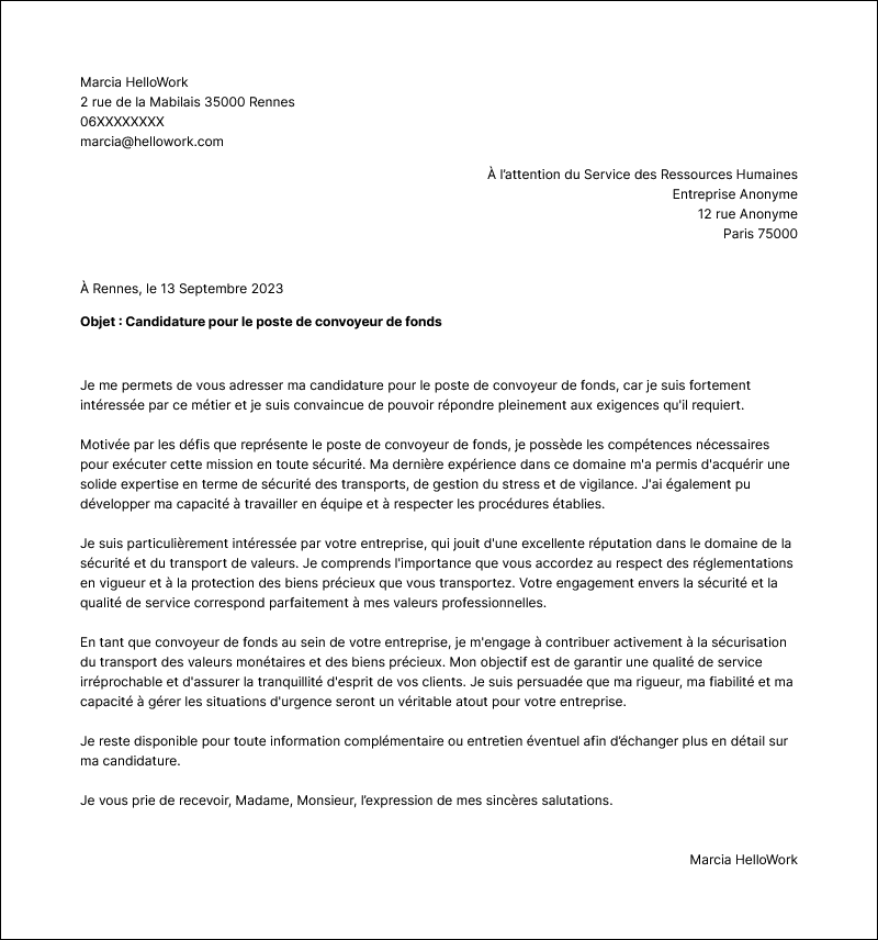 Modèle lettre de motivation Convoyeur de fonds Exemple lettre de motivation Convoyeur de fonds