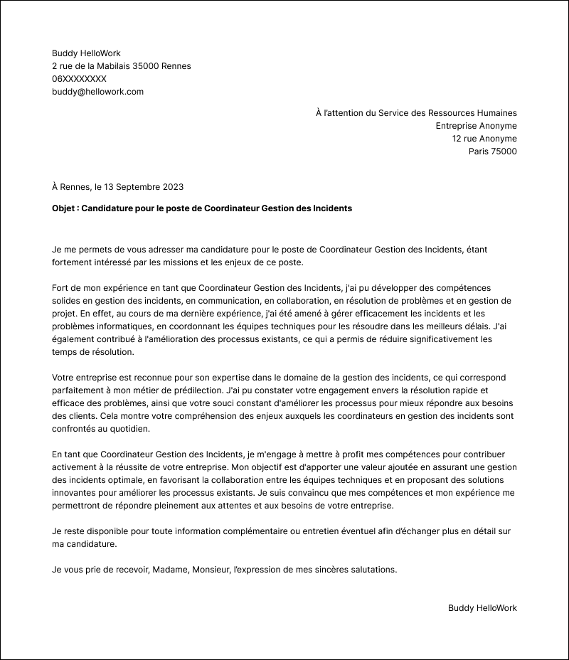 Modèle lettre de motivation Incident manager Exemple lettre de motivation Incident manager