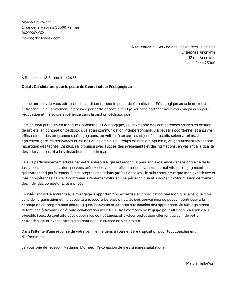 Modèle lettre de motivation Coordinateur pédagogique Exemple lettre de motivation Coordinateur pédagogique