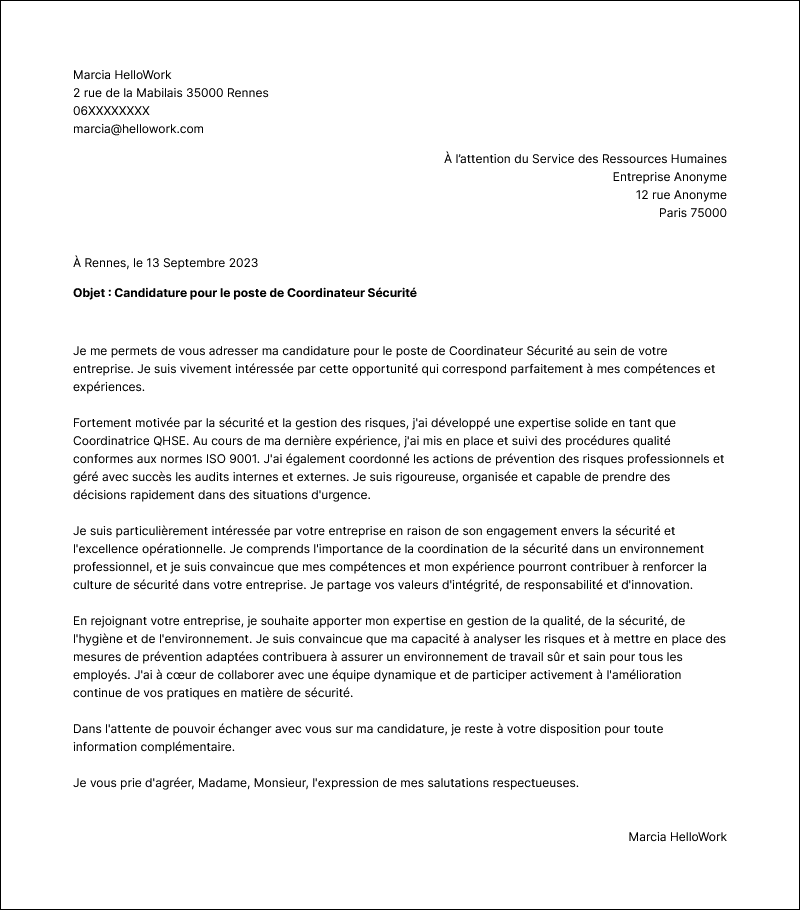 Modèle lettre de motivation Coordinateur QHSE Exemple lettre de motivation Coordinateur QHSE