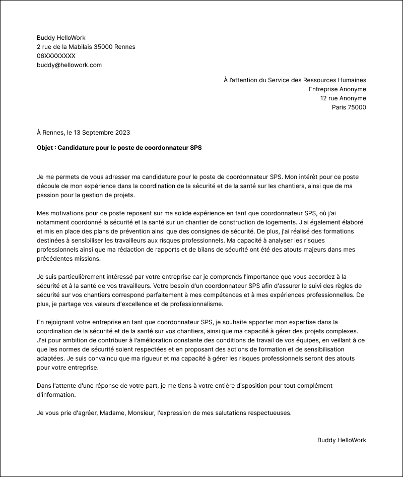 Modèle lettre de motivation Coordonnateur SPS Exemple lettre de motivation Coordonnateur SPS