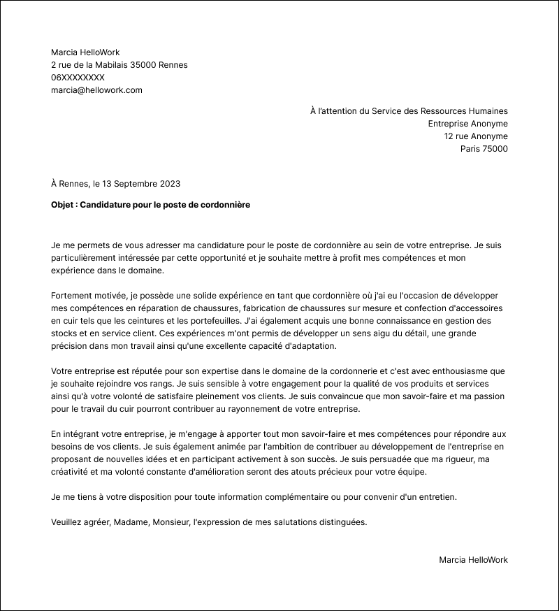 Modèle lettre de motivation Cordonnier Exemple lettre de motivation Cordonnier