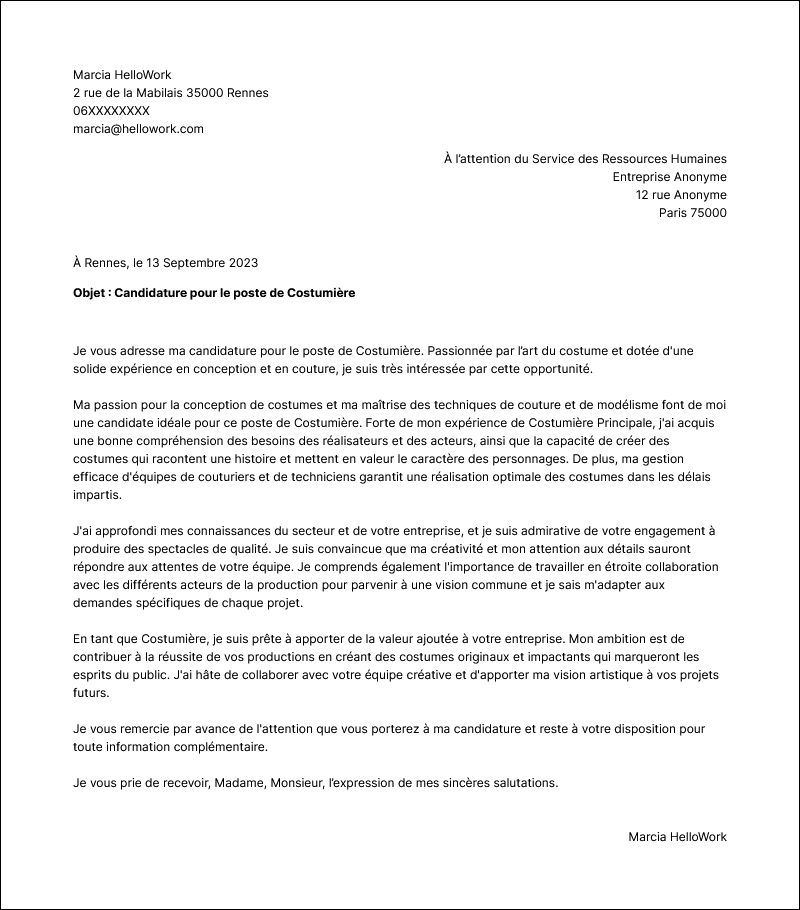 Modèle lettre de motivation Costumier Exemple lettre de motivation Costumier