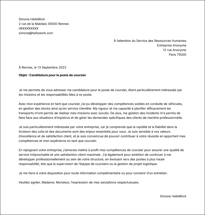 Modèle lettre de motivation Coursier Exemple lettre de motivation Coursier