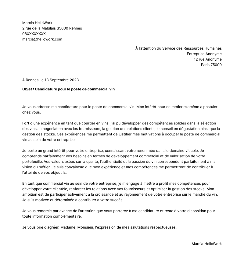 Modèle lettre de motivation Commercial en vins Exemple lettre de motivation Commercial en vins
