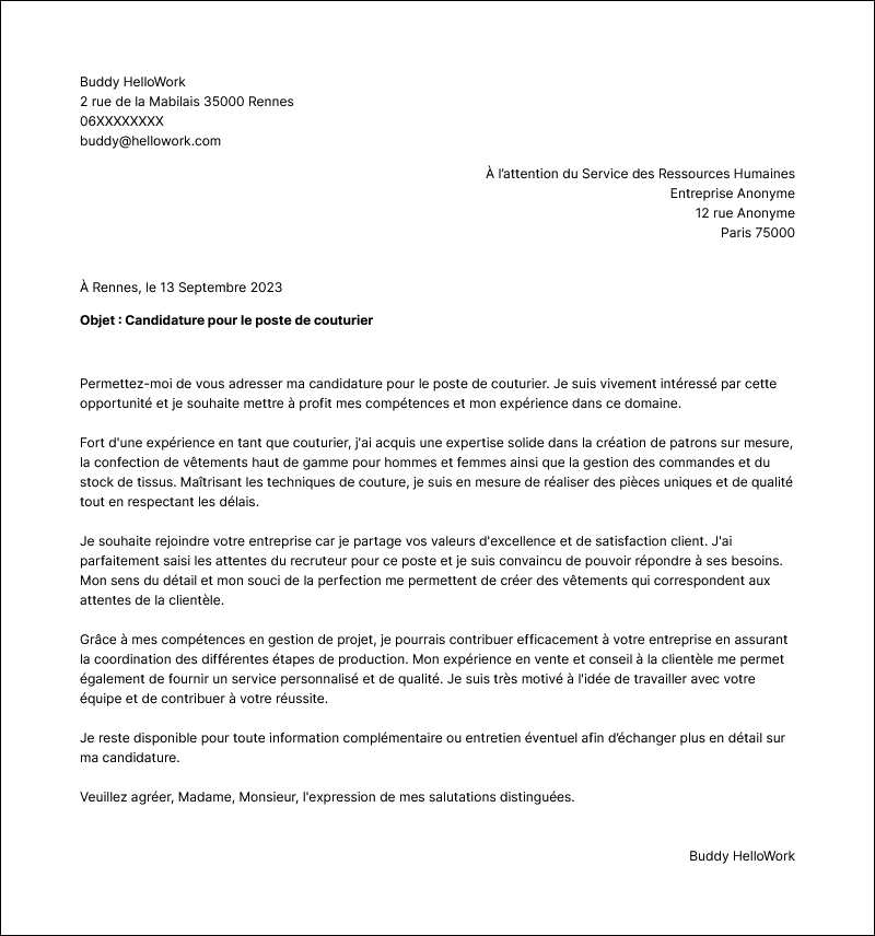 Modèle lettre de motivation Couturier Exemple lettre de motivation Couturier
