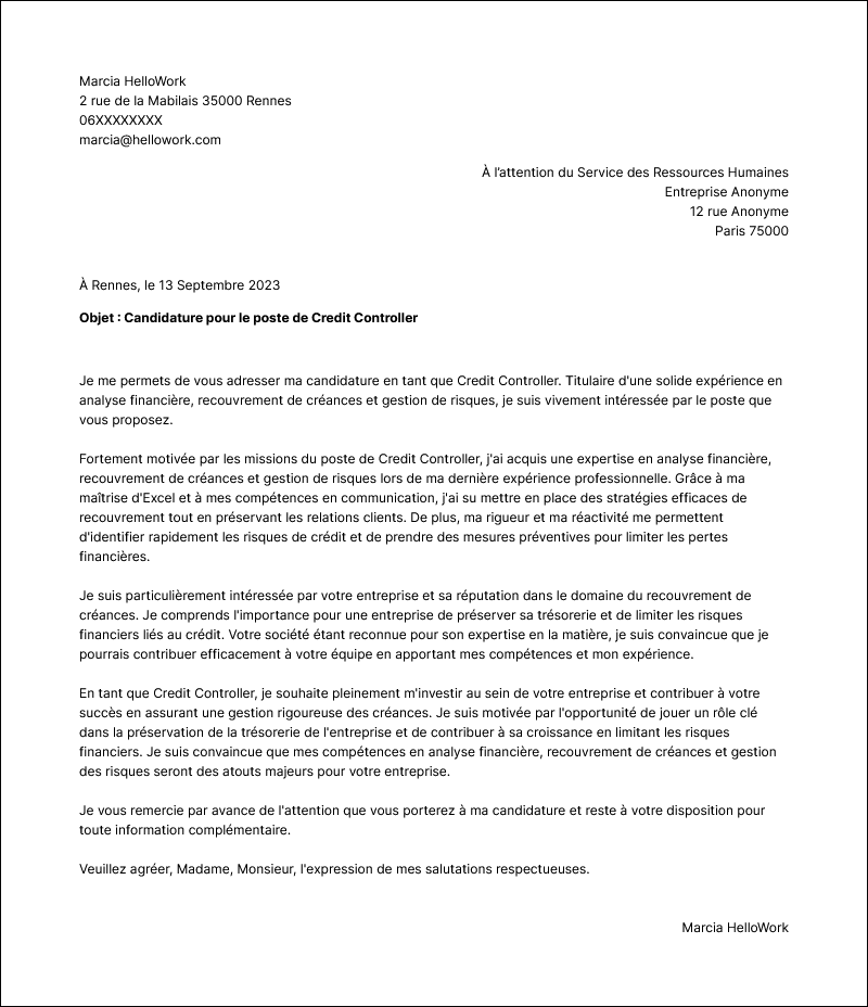 Modèle lettre de motivation Credit controller Exemple lettre de motivation Credit controller