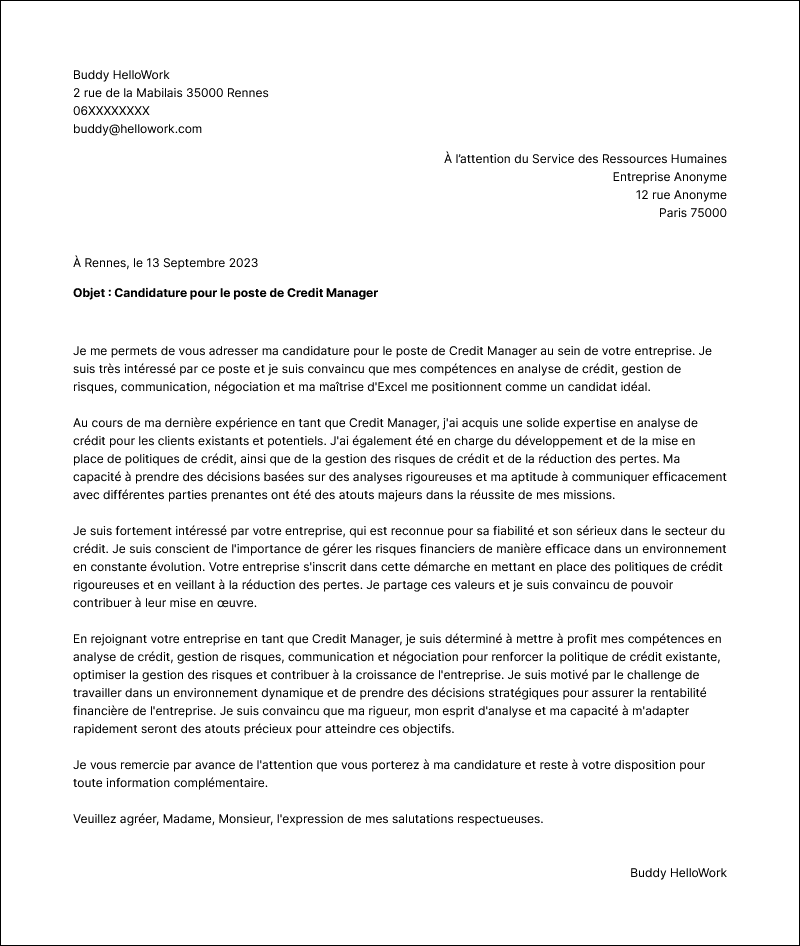 Modèle lettre de motivation Credit manager Exemple lettre de motivation Credit manager