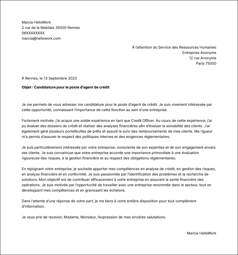Modèle lettre de motivation Agent crédit Exemple lettre de motivation Agent crédit