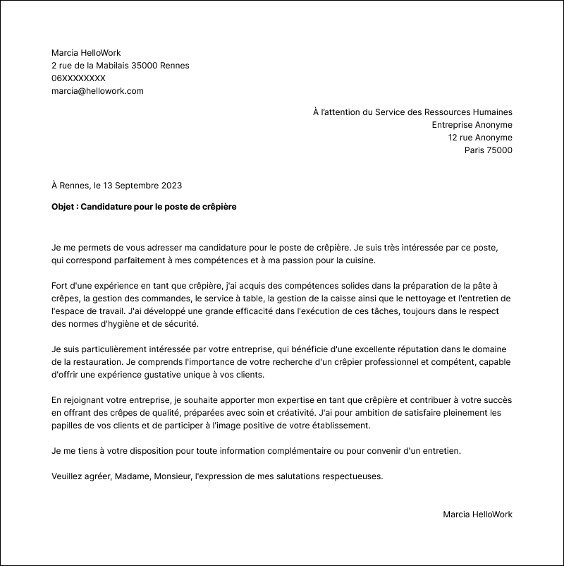 Modèle lettre de motivation Crêpier Exemple lettre de motivation Crêpier