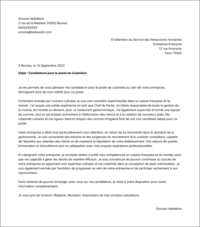 Modèle lettre de motivation Cuisinier Exemple lettre de motivation Cuisinier