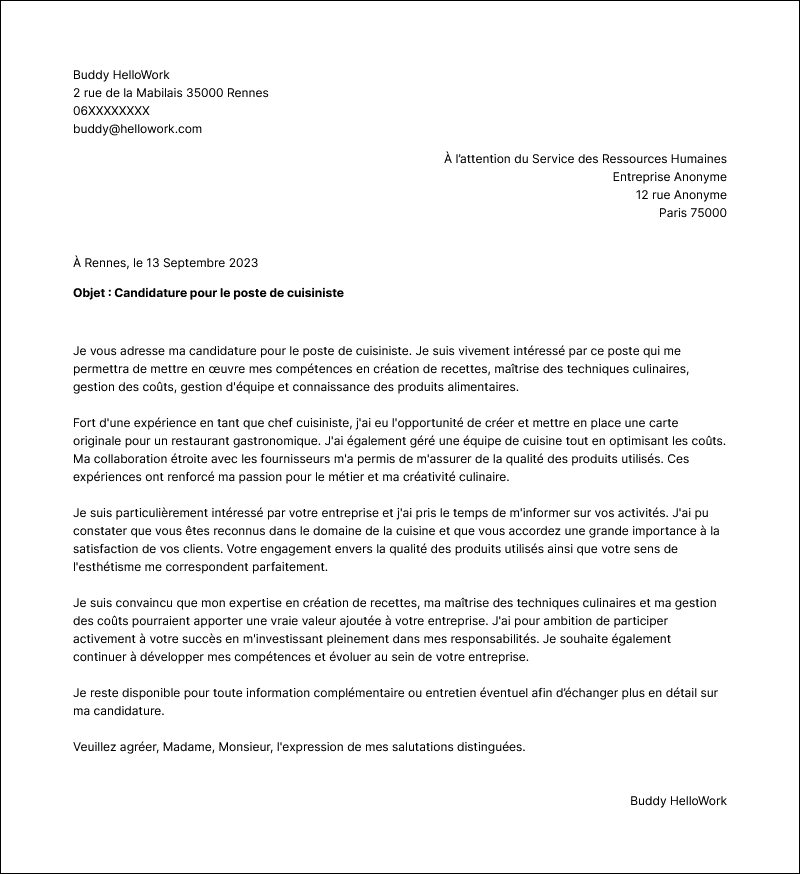 Modèle lettre de motivation Cuisiniste Exemple lettre de motivation Cuisiniste