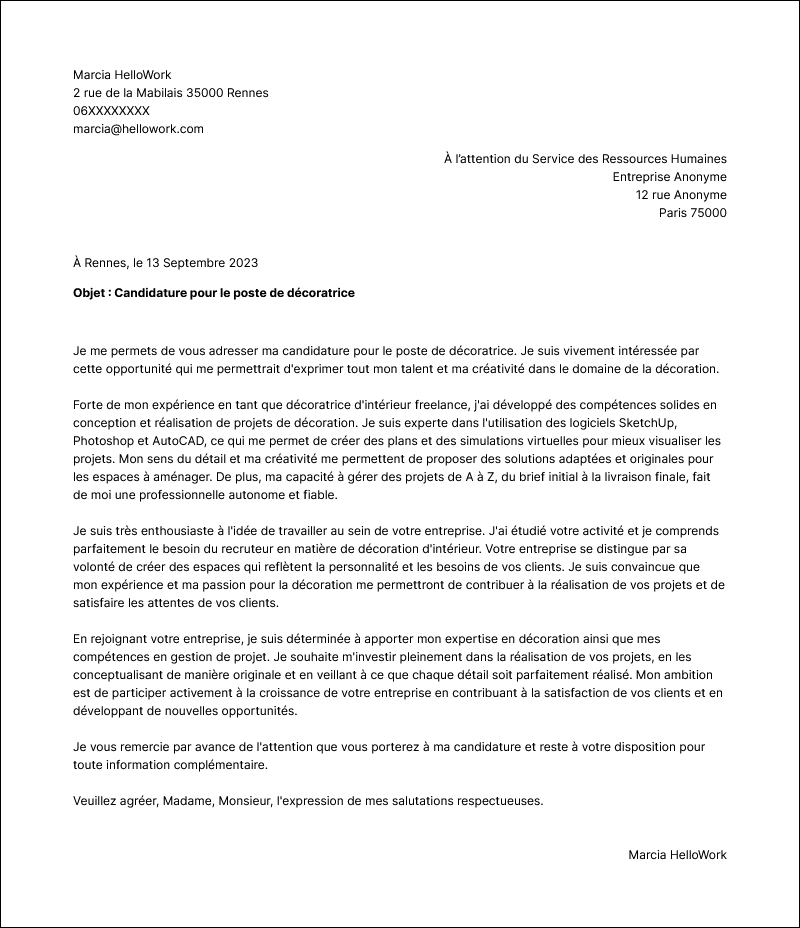 Modèle lettre de motivation Décorateur Exemple lettre de motivation Décorateur