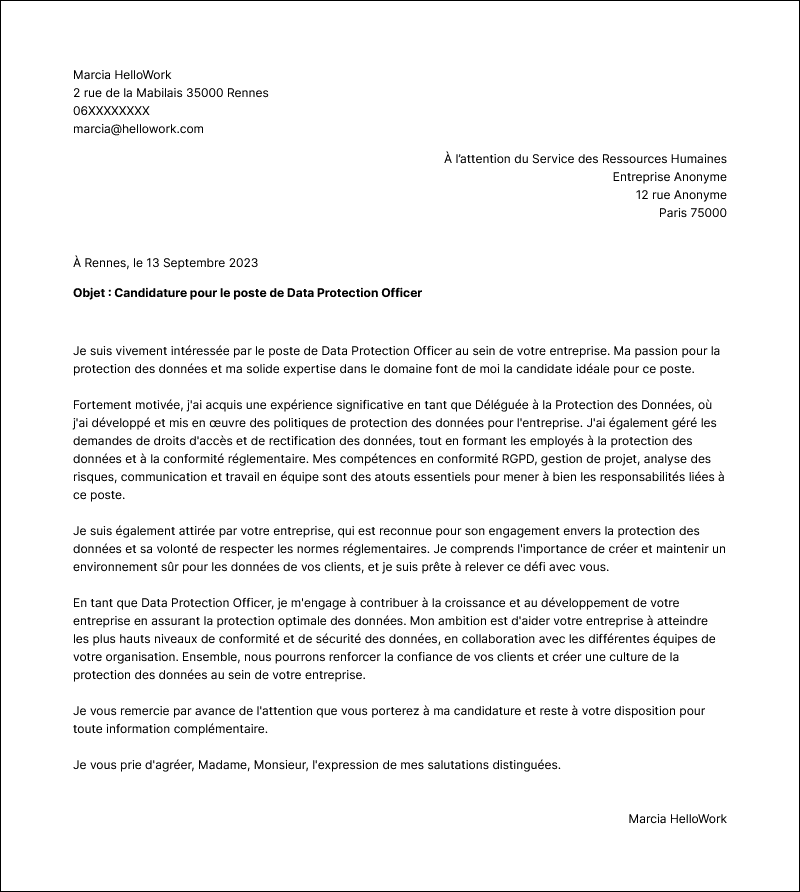 Modèle lettre de motivation Data Protection Officer Exemple lettre de motivation Data Protection Officer
